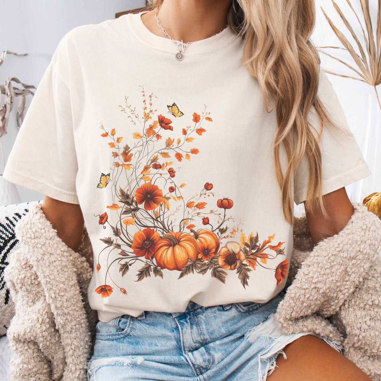 Vintage fall floral pumpkin tee