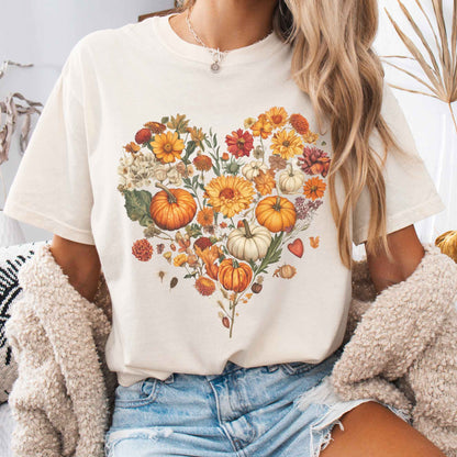 Vintage fall floral pumpkin heart tee