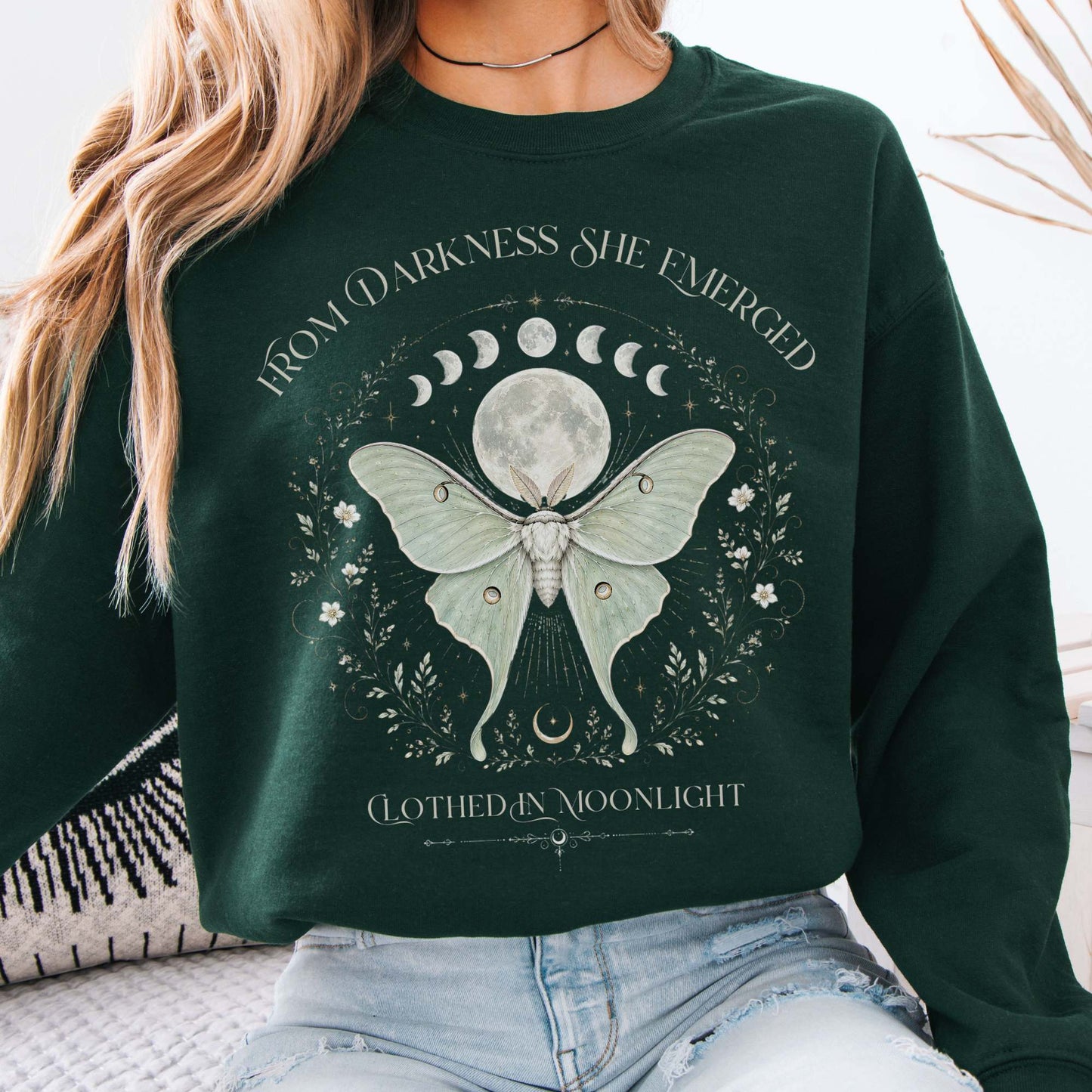 Sweatshirt Forest Green / S From Darkness She Emerged Clothed in Moonlight Crewneck Sweatshirt The Mystic Eden