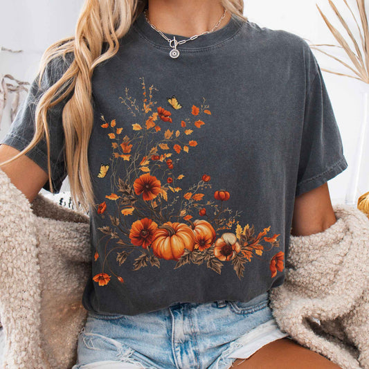 Vintage fall floral pumpkin tee