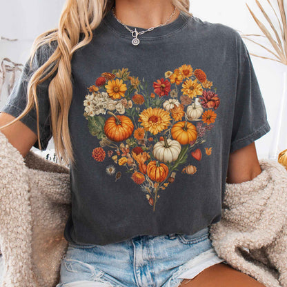 Vintage fall floral pumpkin heart tee