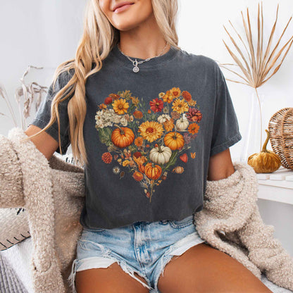 Vintage fall floral pumpkin heart tee