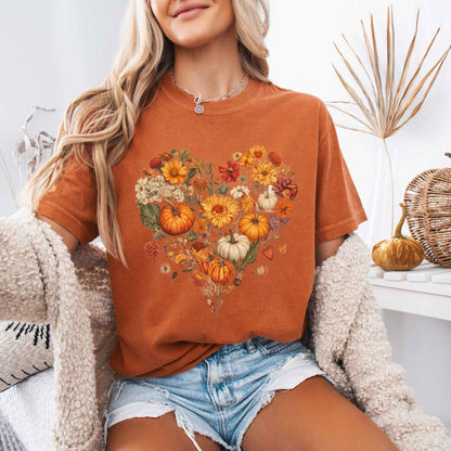 Vintage fall floral pumpkin heart tee