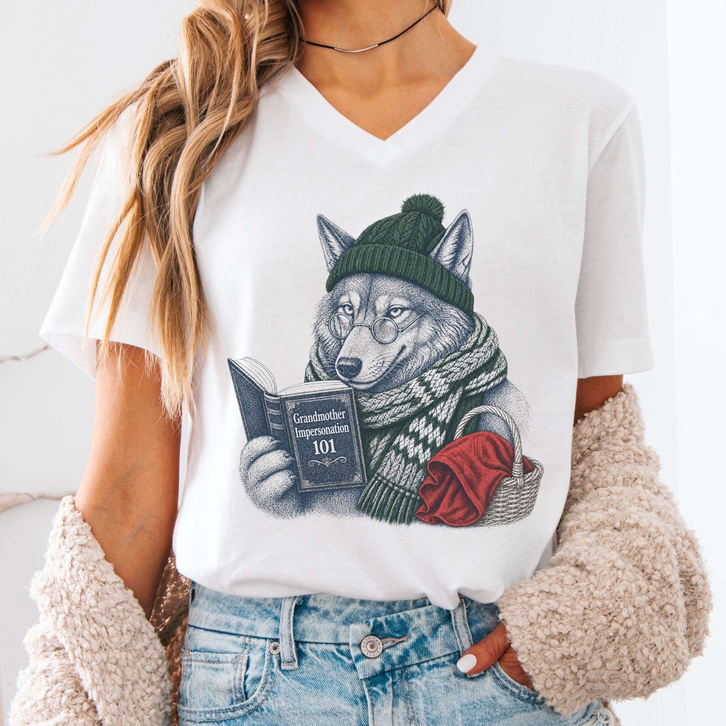 V-neck White / S Grandmother Impersonation 101 Wolf Red Riding Hood V-Neck The Mystic Eden