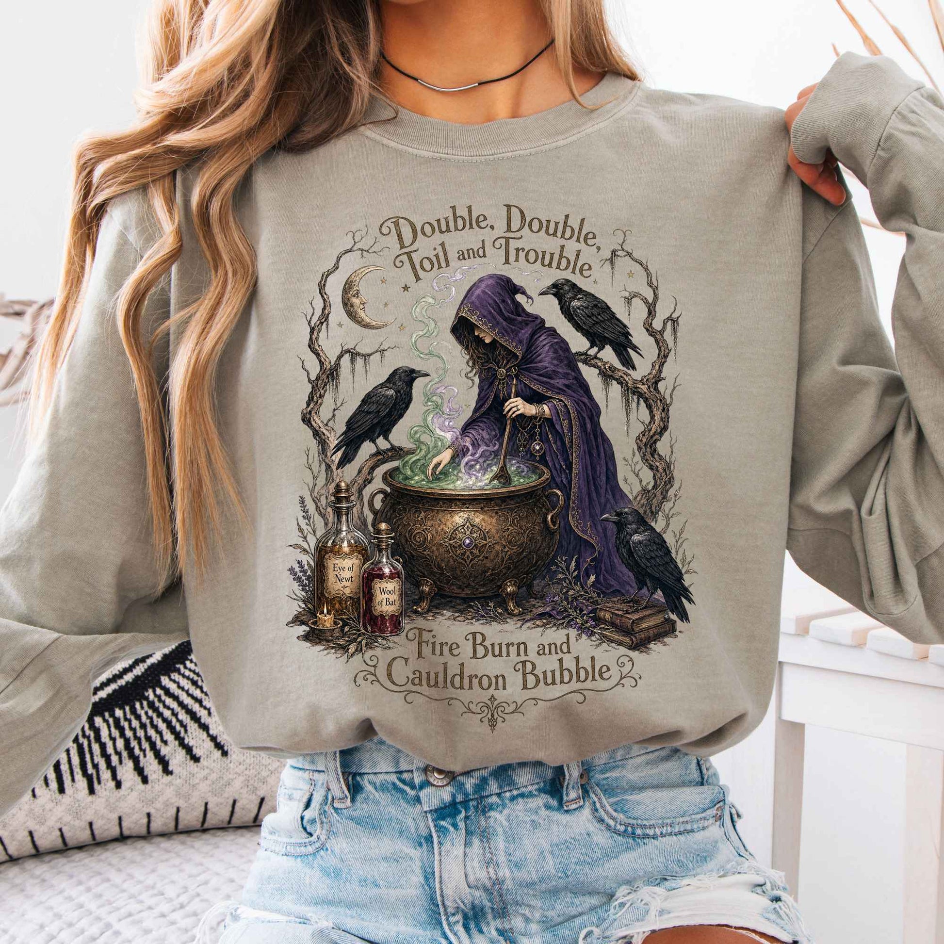 Long-sleeve Sandstone / S Double Double Toil and Trouble Macbeth Witch Shakespeare Long Sleeve The Mystic Eden