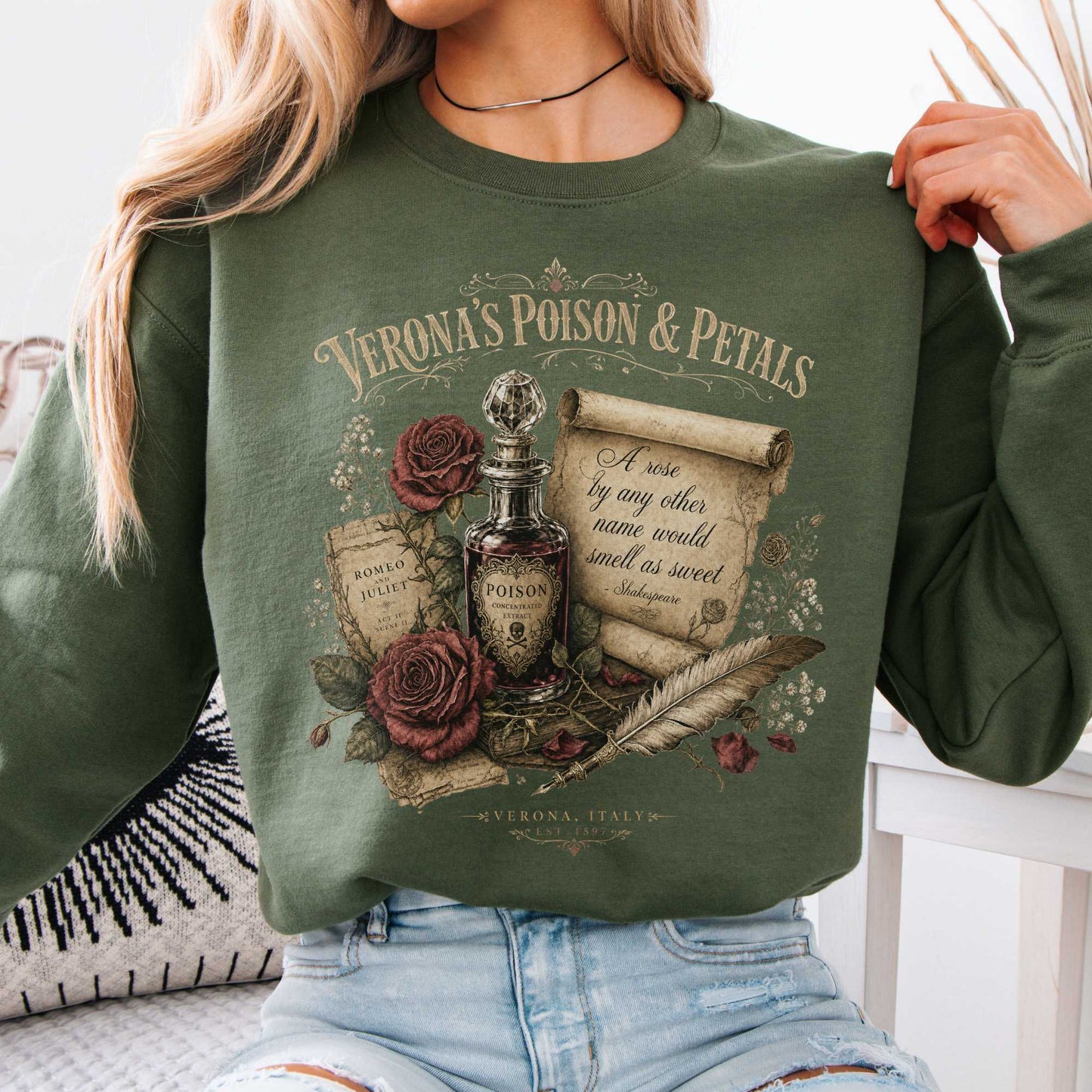 Sweatshirt Military Green / S Shakespeare's Verona's Poison & Petals Romeo & Juliet Crewneck Sweatshirt The Mystic Eden