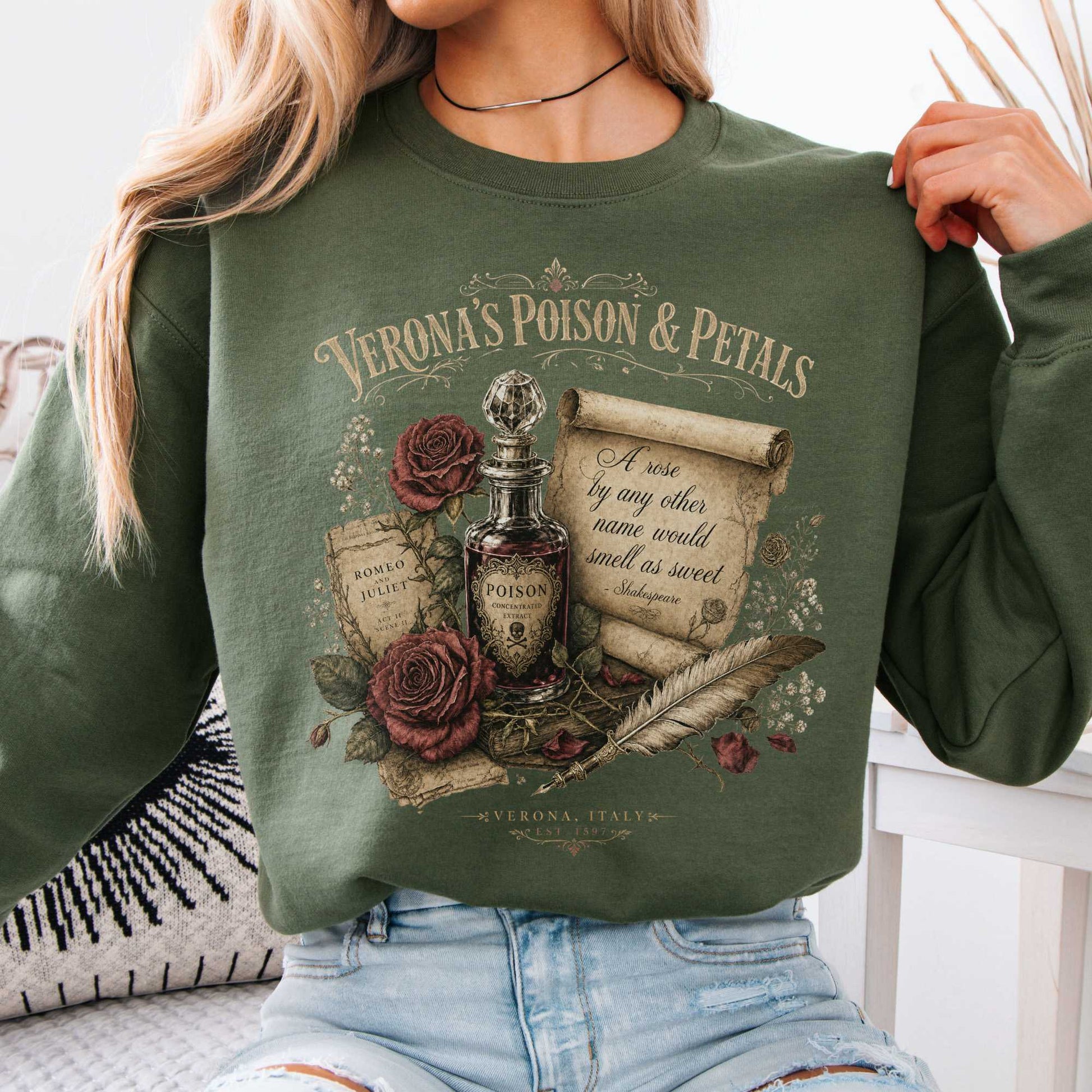 Sweatshirt Military Green / S Shakespeare's Verona's Poison & Petals Romeo & Juliet Crewneck Sweatshirt The Mystic Eden