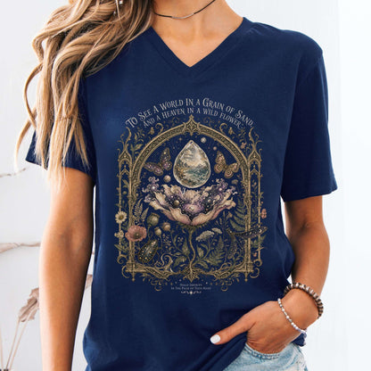 V-neck Navy / S To See a World in a Grain of Sand William Blake Literary V-Neck The Mystic Eden