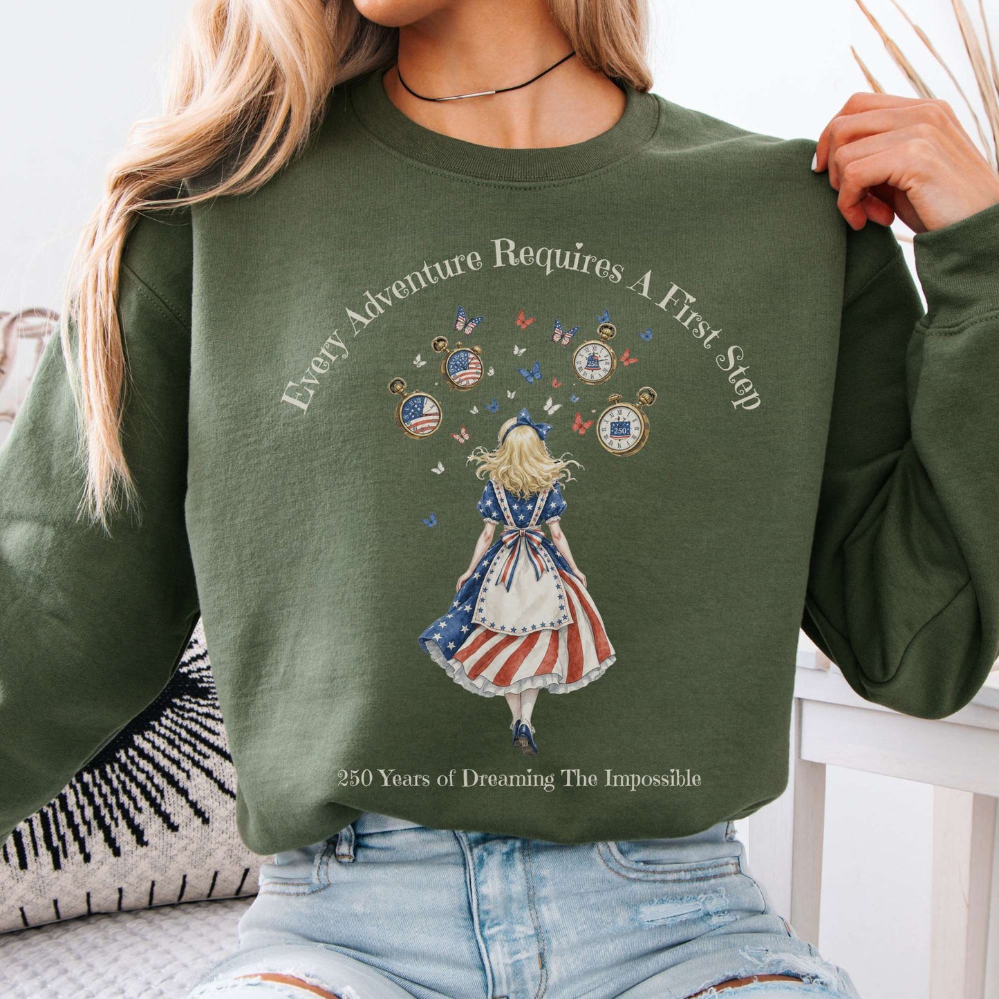 Sweatshirt Military Green / S 250 Years of Dreaming the Impossible American Alice Crewneck Sweatshirt The Mystic Eden