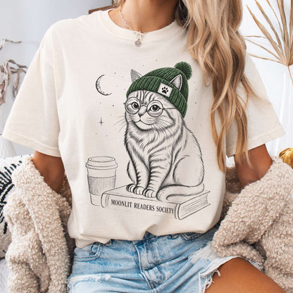 T-Shirt Ivory / S Moonlit Readers Society Cat T-Shirt The Mystic Eden