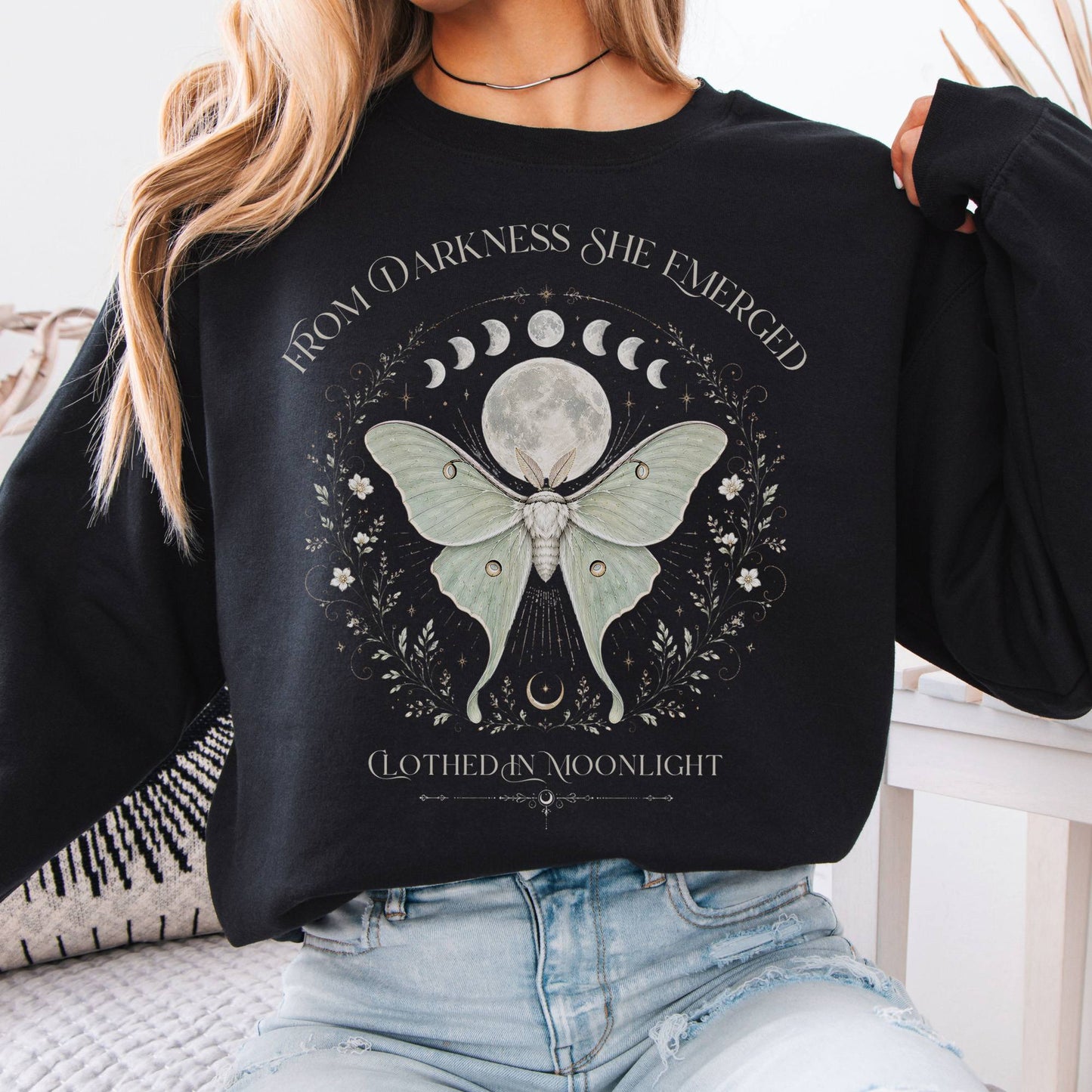 Sweatshirt Black / S From Darkness She Emerged Clothed in Moonlight Crewneck Sweatshirt The Mystic Eden