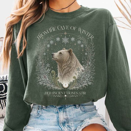 Long-sleeve Hemp / S From the Cave of Winter Her Ancient Bones Stir Long Sleeve The Mystic Eden