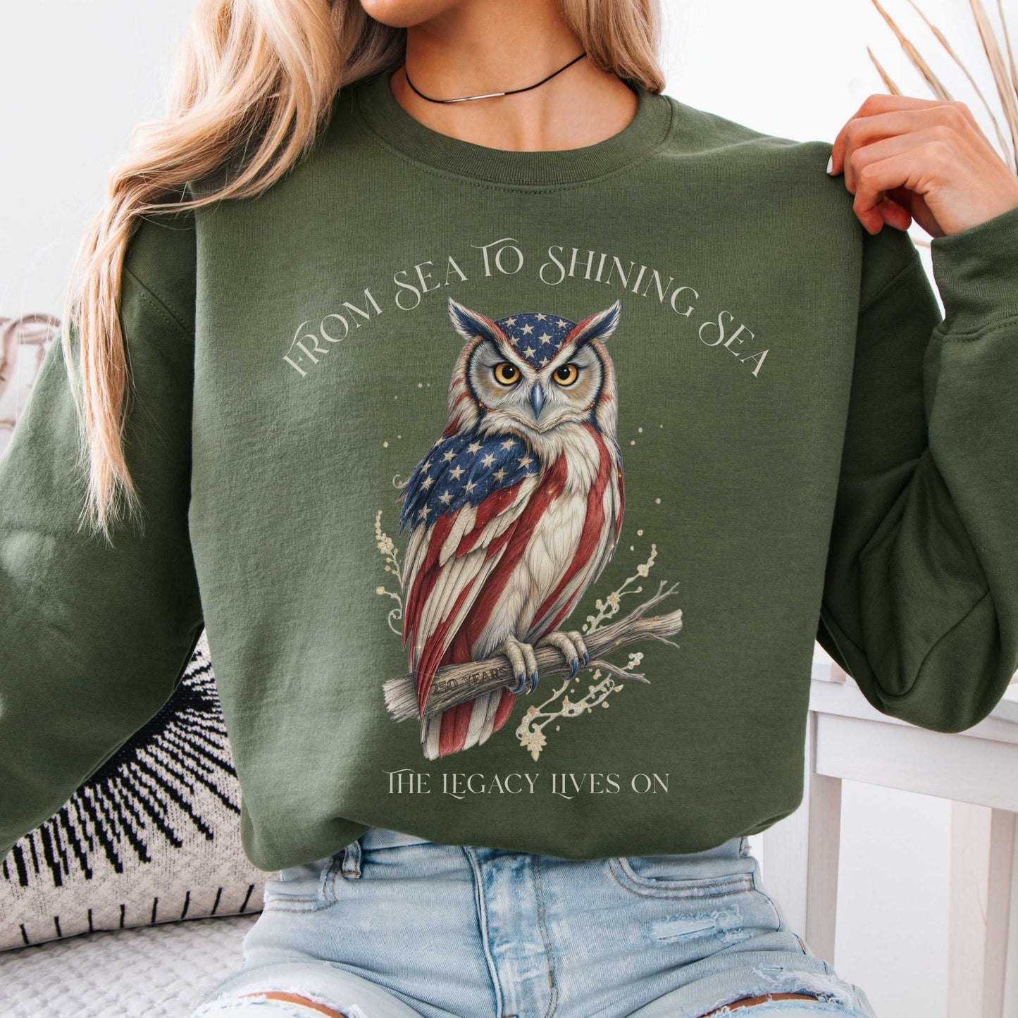 Sweatshirt Military Green / S The Legacy Lives On America 250 Owl Crewneck Sweatshirt The Mystic Eden