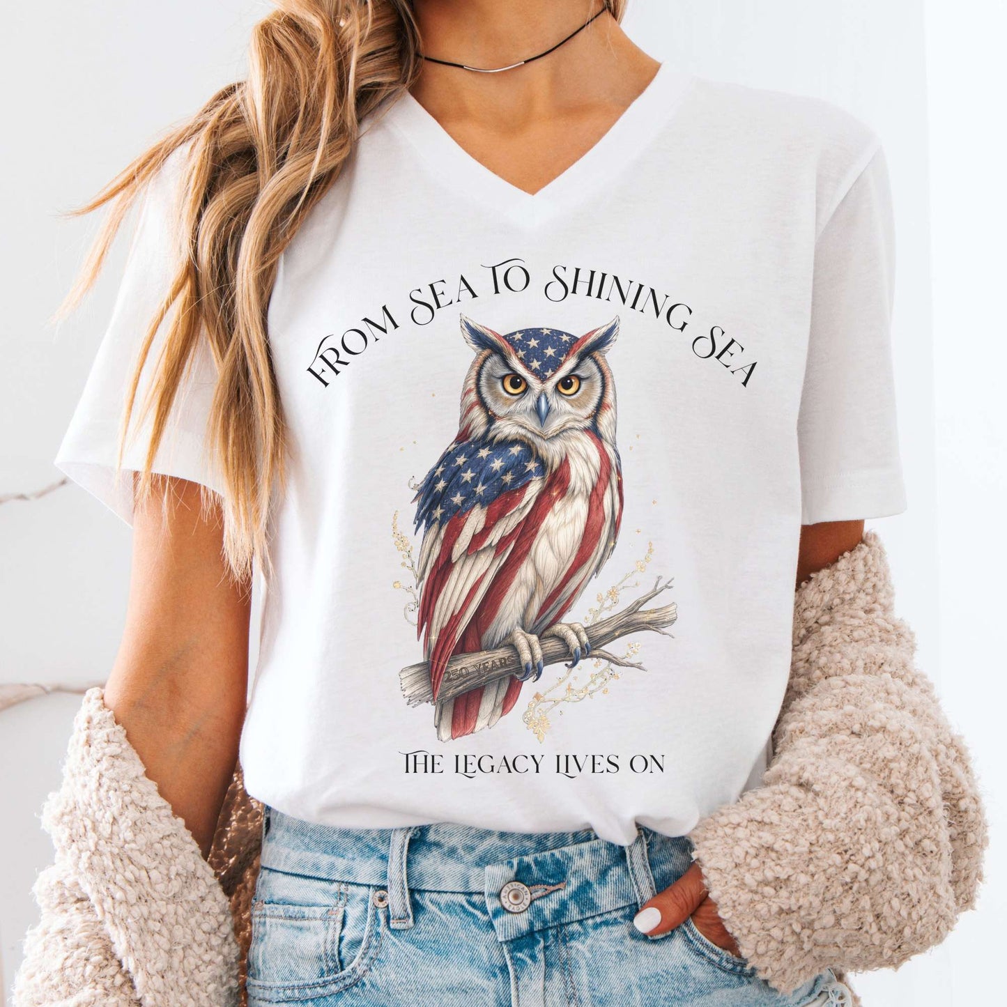 V-neck White / S The Legacy Lives On America 250 Owl V-Neck The Mystic Eden