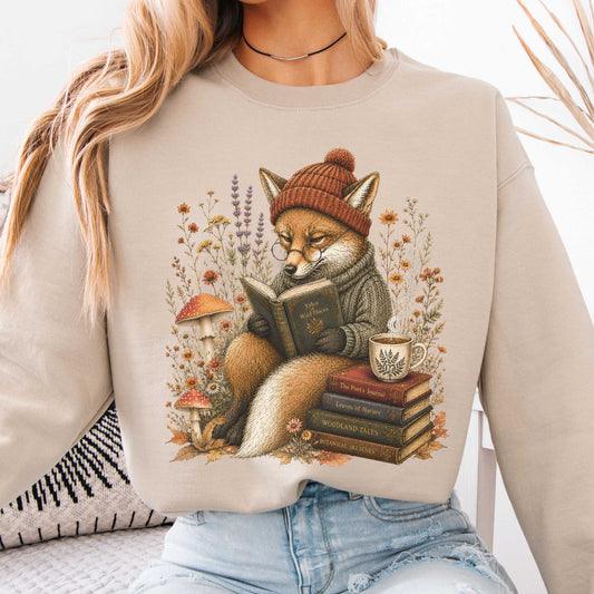 Sweatshirt Sand / S The Woodland Reader Fox Crewneck Sweatshirt The Mystic Eden