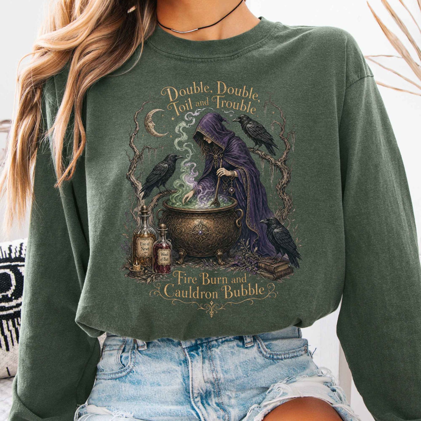 Long-sleeve Hemp / S Double Double Toil and Trouble Macbeth Witch Shakespeare Long Sleeve The Mystic Eden