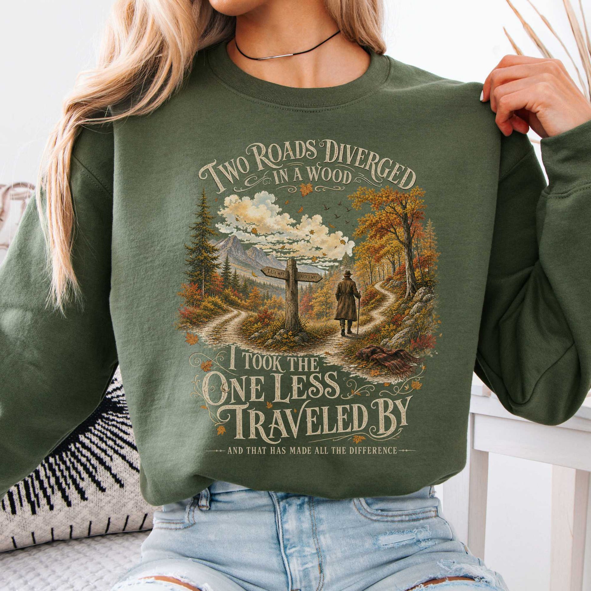 Sweatshirt Military Green / S The Road Not Taken Robert Frost Literary Crewneck Sweatshirt The Mystic Eden