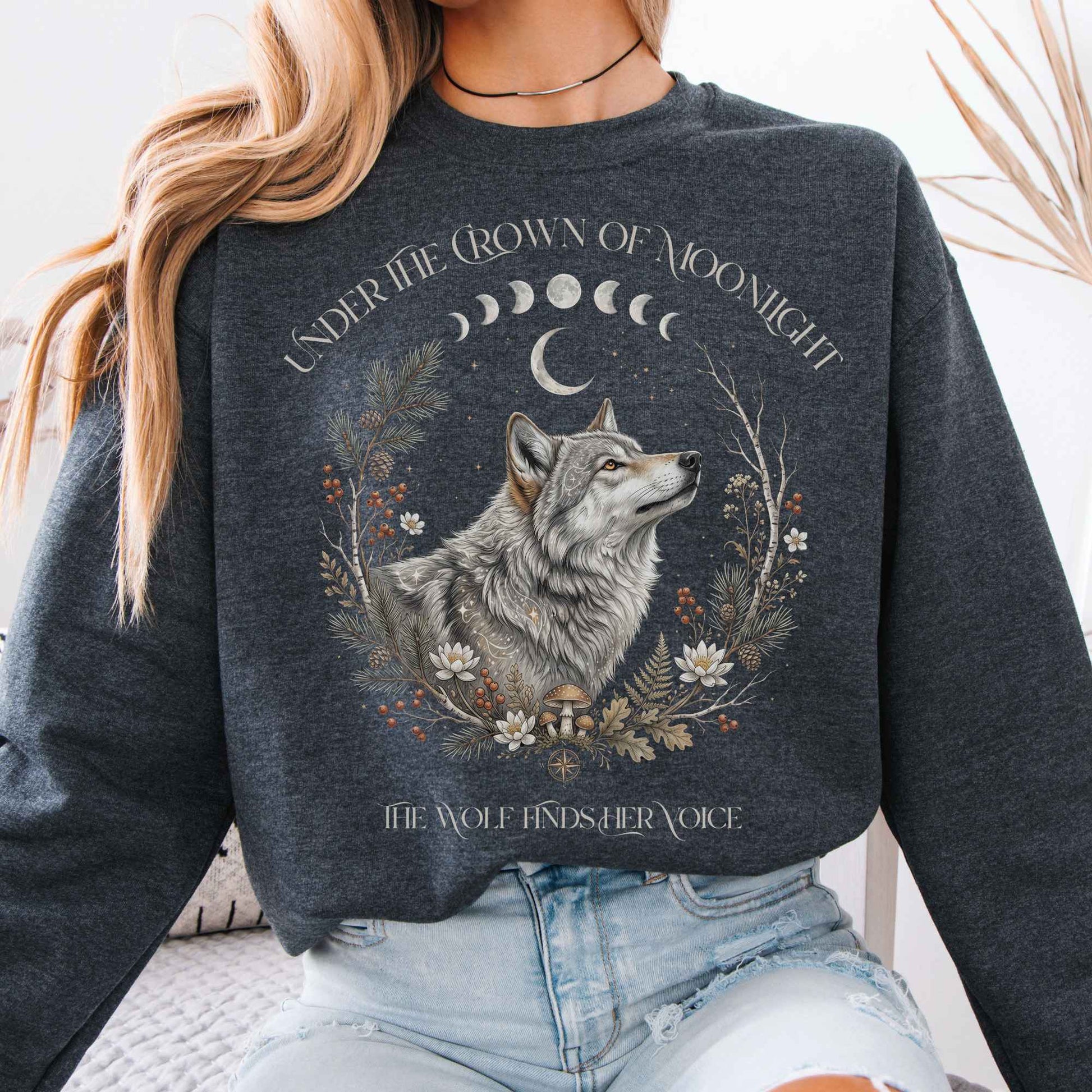 Sweatshirt Dark Heather / S Under the Crown of Moonlight Wolf Crewneck Sweatshirt The Mystic Eden