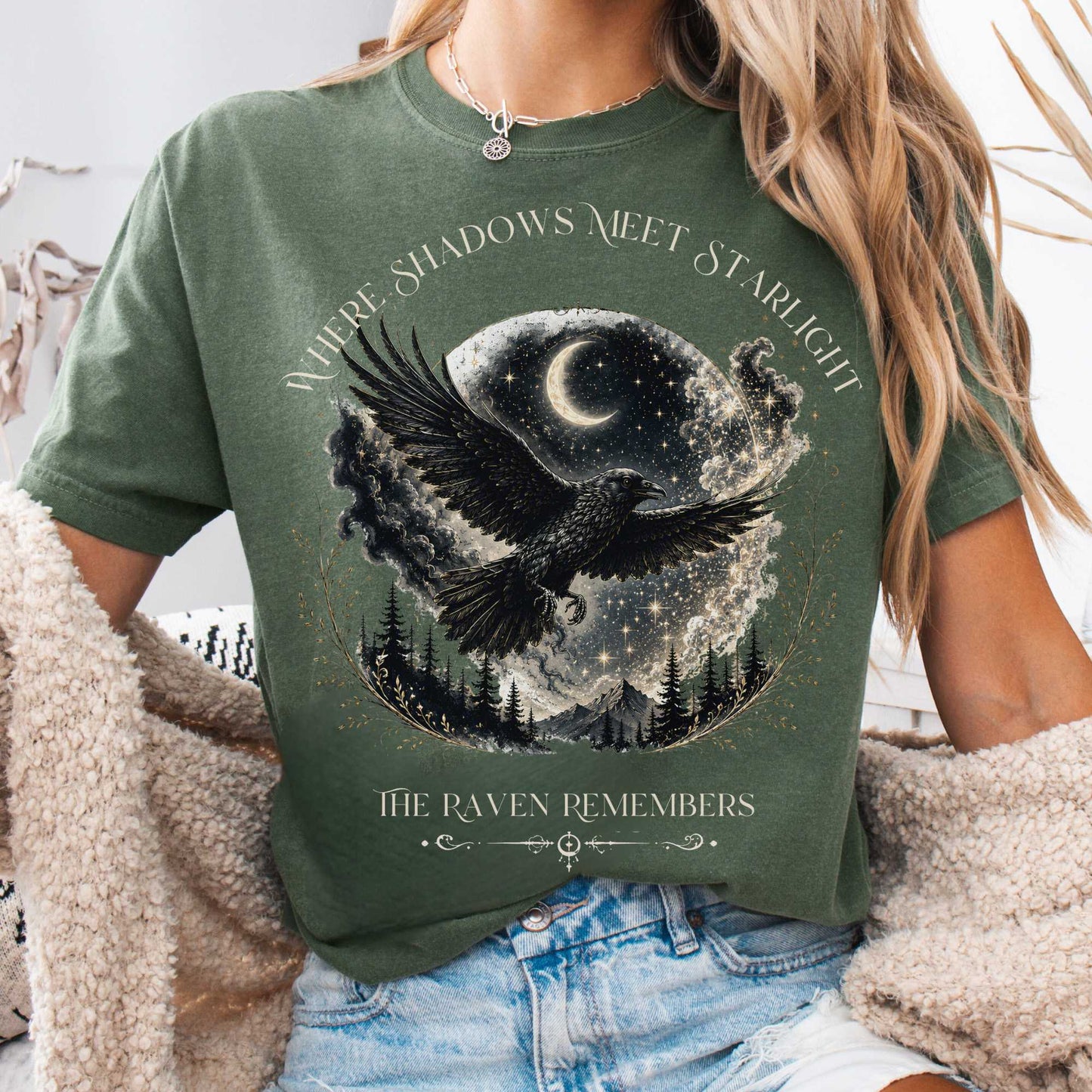 T-Shirt Moss / S Where Shadows Meet Starlight Raven T-Shirt The Mystic Eden