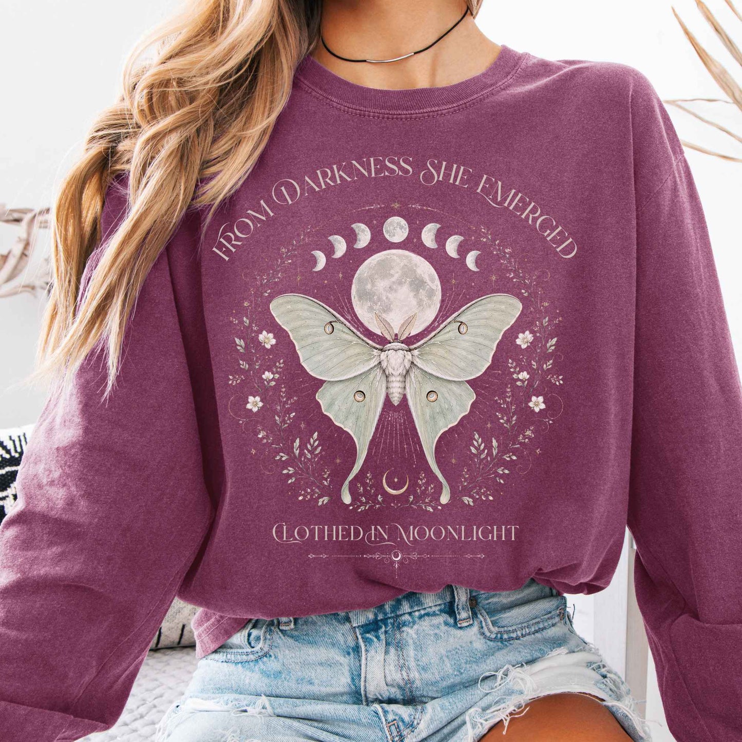 Long-sleeve Berry / S From Darkness She Emerged Clothed in Moonlight Long Sleeve The Mystic Eden