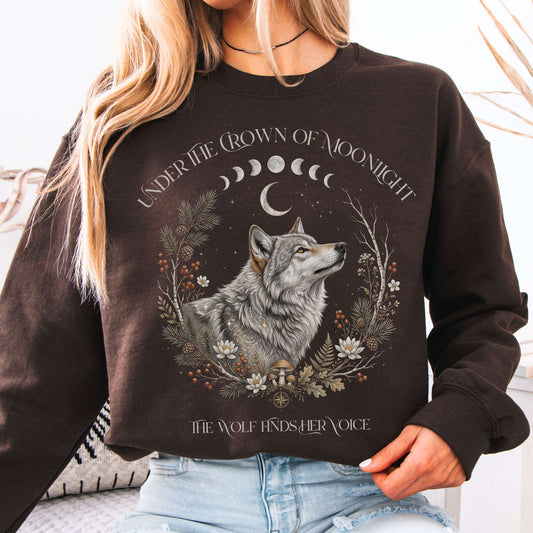 Sweatshirt Dark Chocolate / S Under the Crown of Moonlight Wolf Crewneck Sweatshirt The Mystic Eden