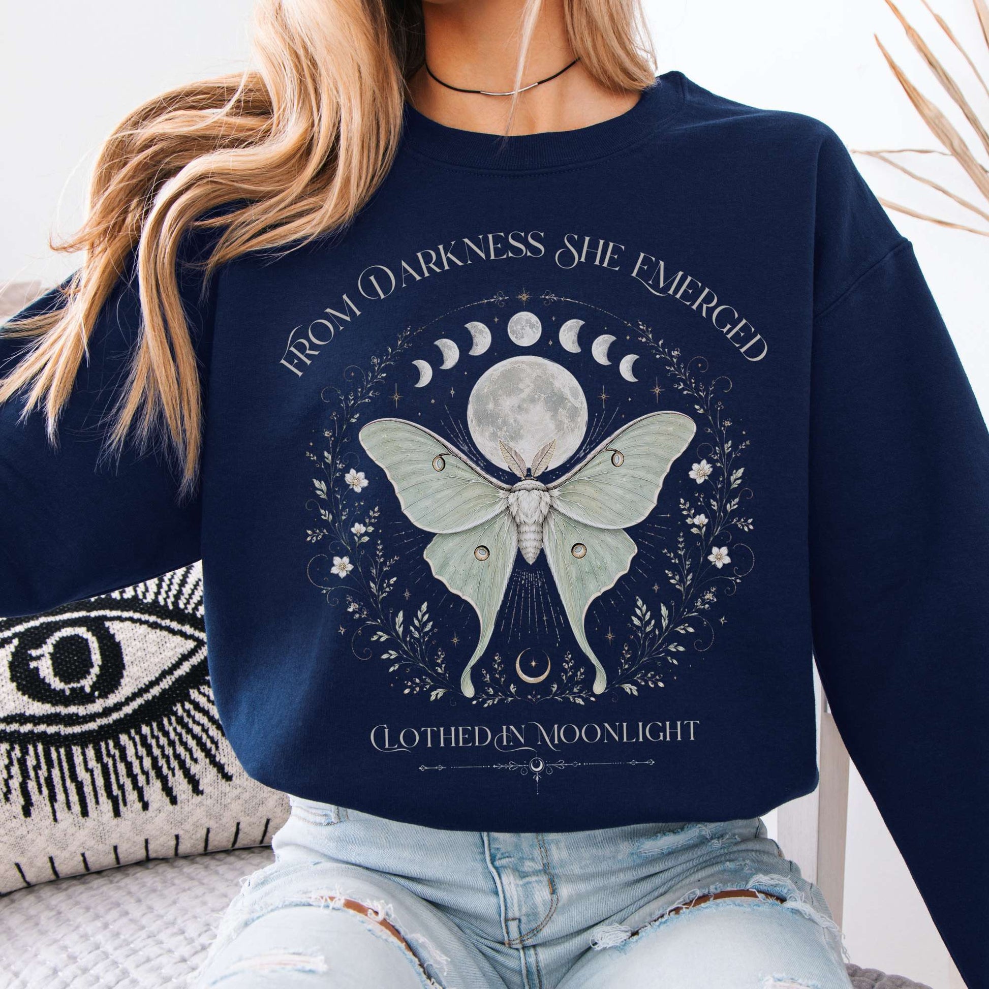 Sweatshirt Navy / S From Darkness She Emerged Clothed in Moonlight Crewneck Sweatshirt The Mystic Eden