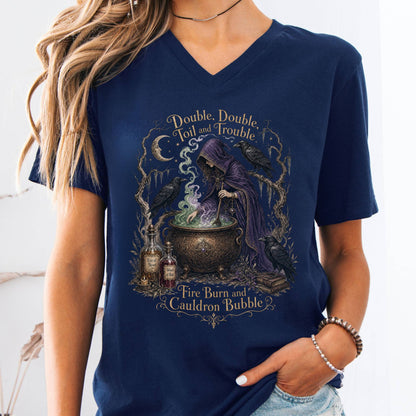 V-neck Navy / S Double Double Toil and Trouble Macbeth Witch Shakespeare V-Neck The Mystic Eden