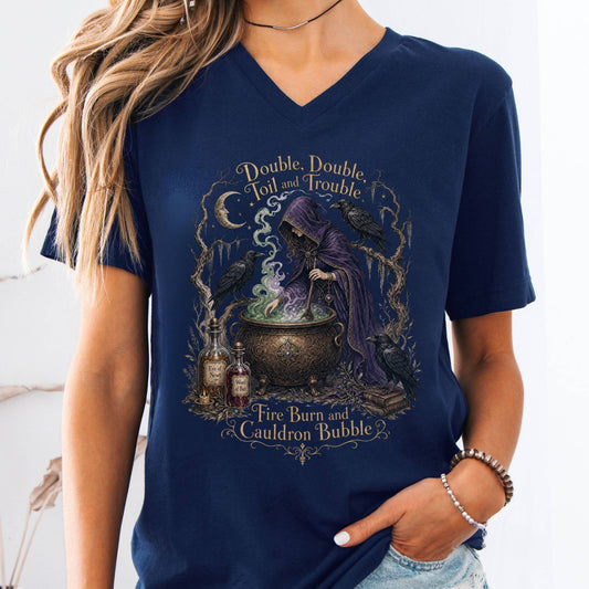 V-neck Navy / S Double Double Toil and Trouble Macbeth Witch Shakespeare V-Neck The Mystic Eden