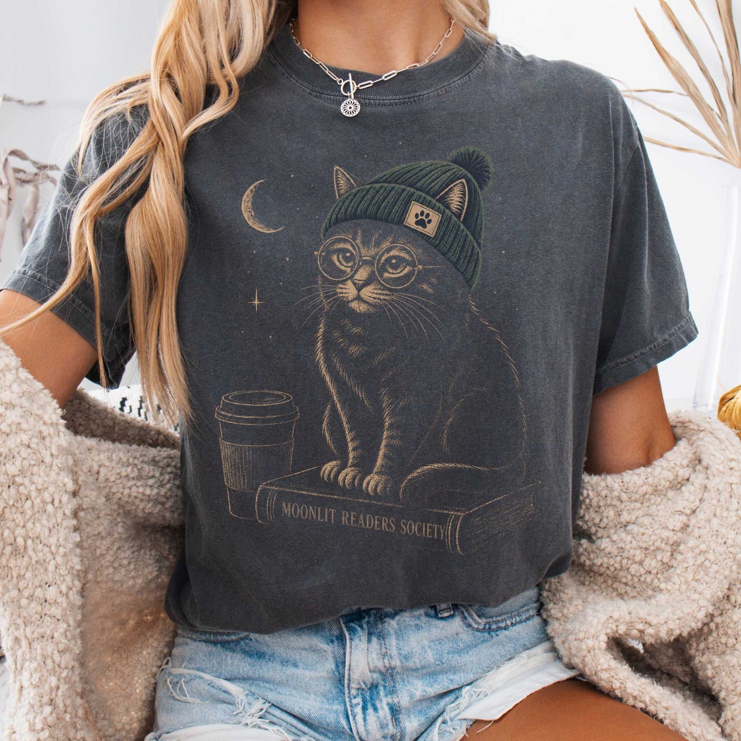 T-Shirt Pepper / S Moonlit Readers Society Cat T-Shirt The Mystic Eden