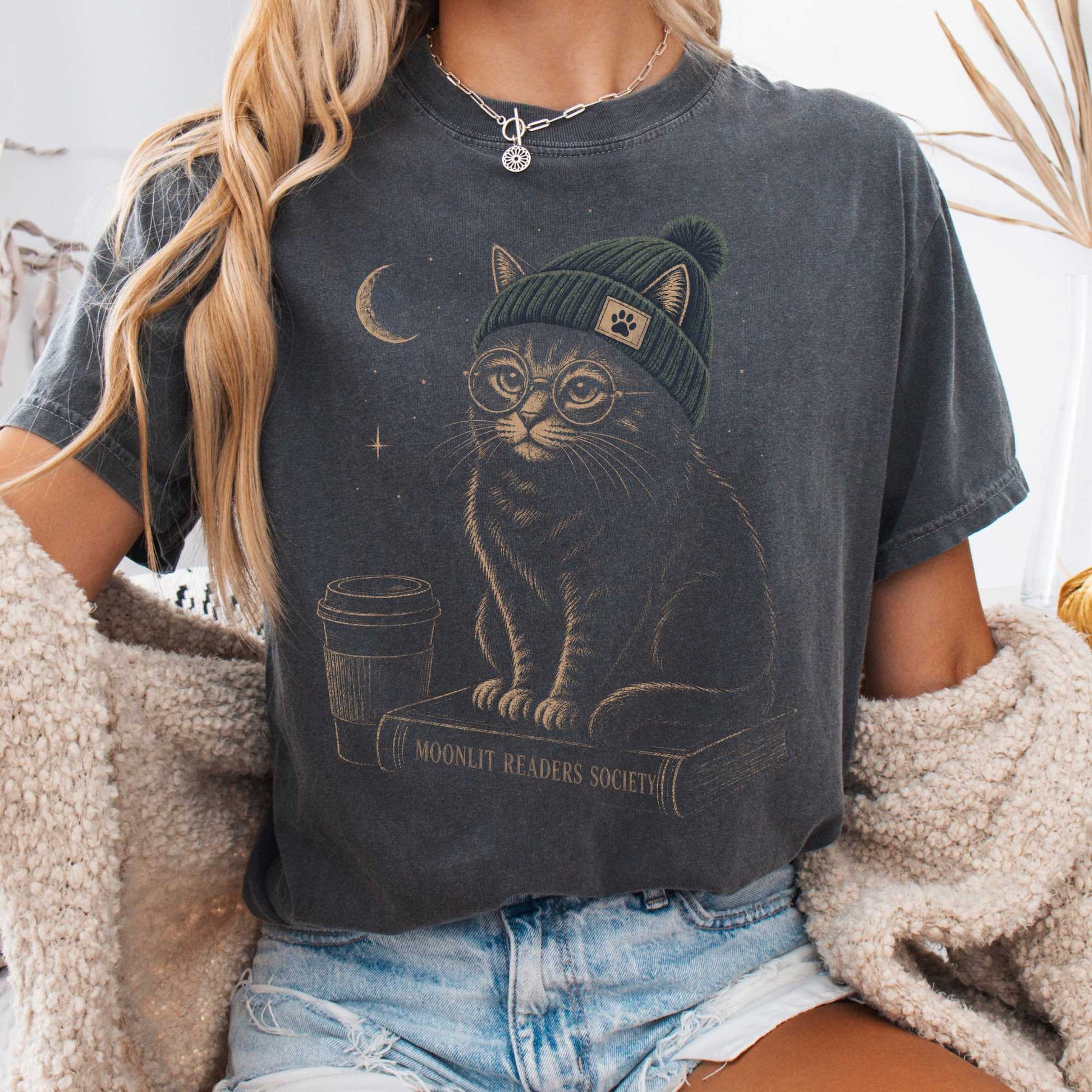 T-Shirt Pepper / S Moonlit Readers Society Cat T-Shirt The Mystic Eden