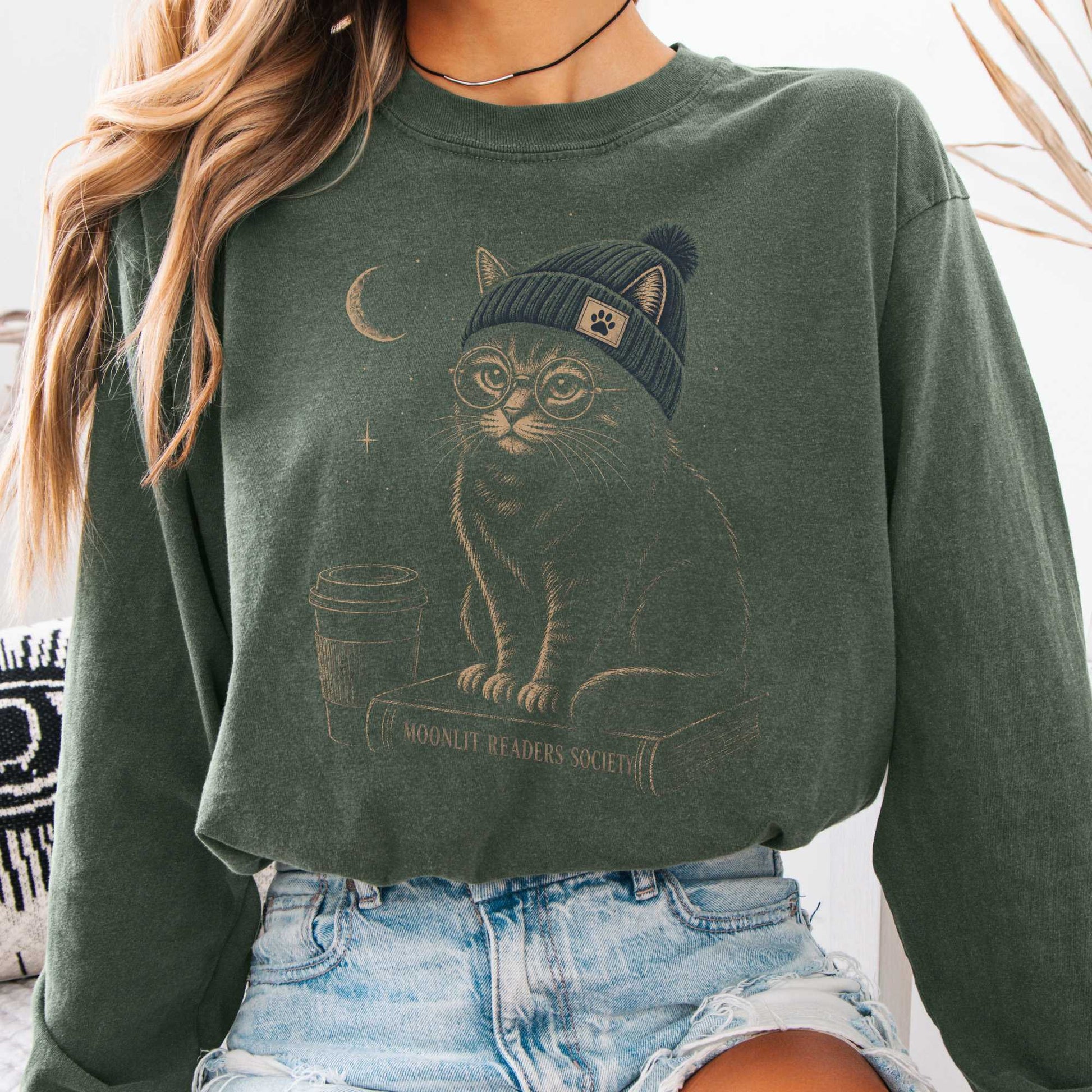 Long-sleeve Hemp / S Moonlit Readers Society Cat Long Sleeve The Mystic Eden