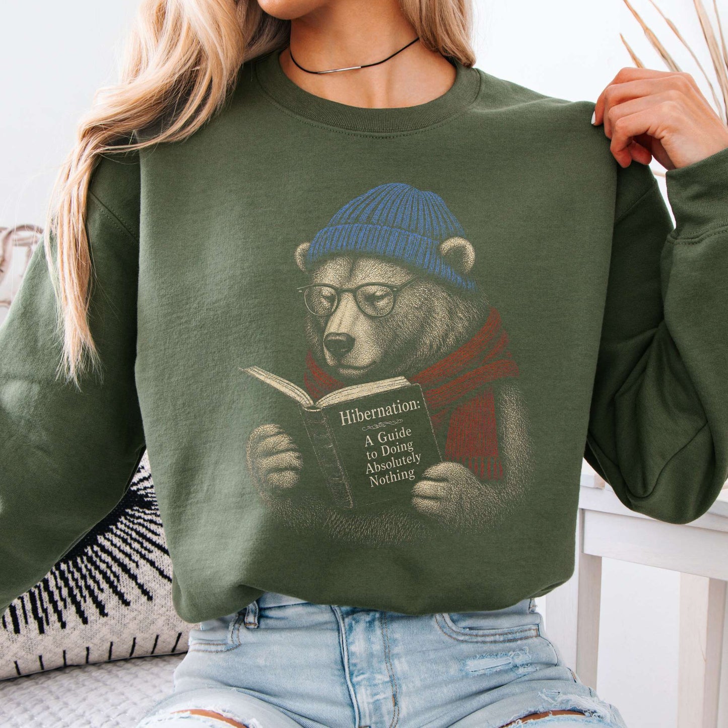 Sweatshirt Military Green / S A Guide to Hibernation Bear Crewneck Sweatshirt The Mystic Eden