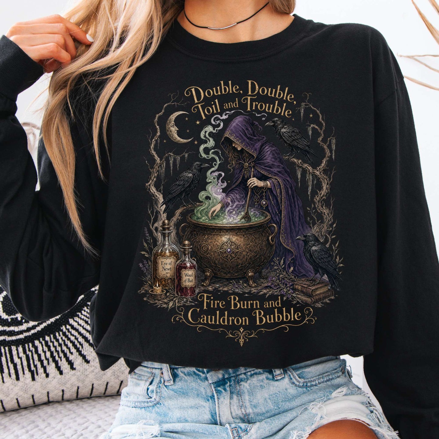 Long-sleeve Black / S Double Double Toil and Trouble Macbeth Witch Shakespeare Long Sleeve The Mystic Eden