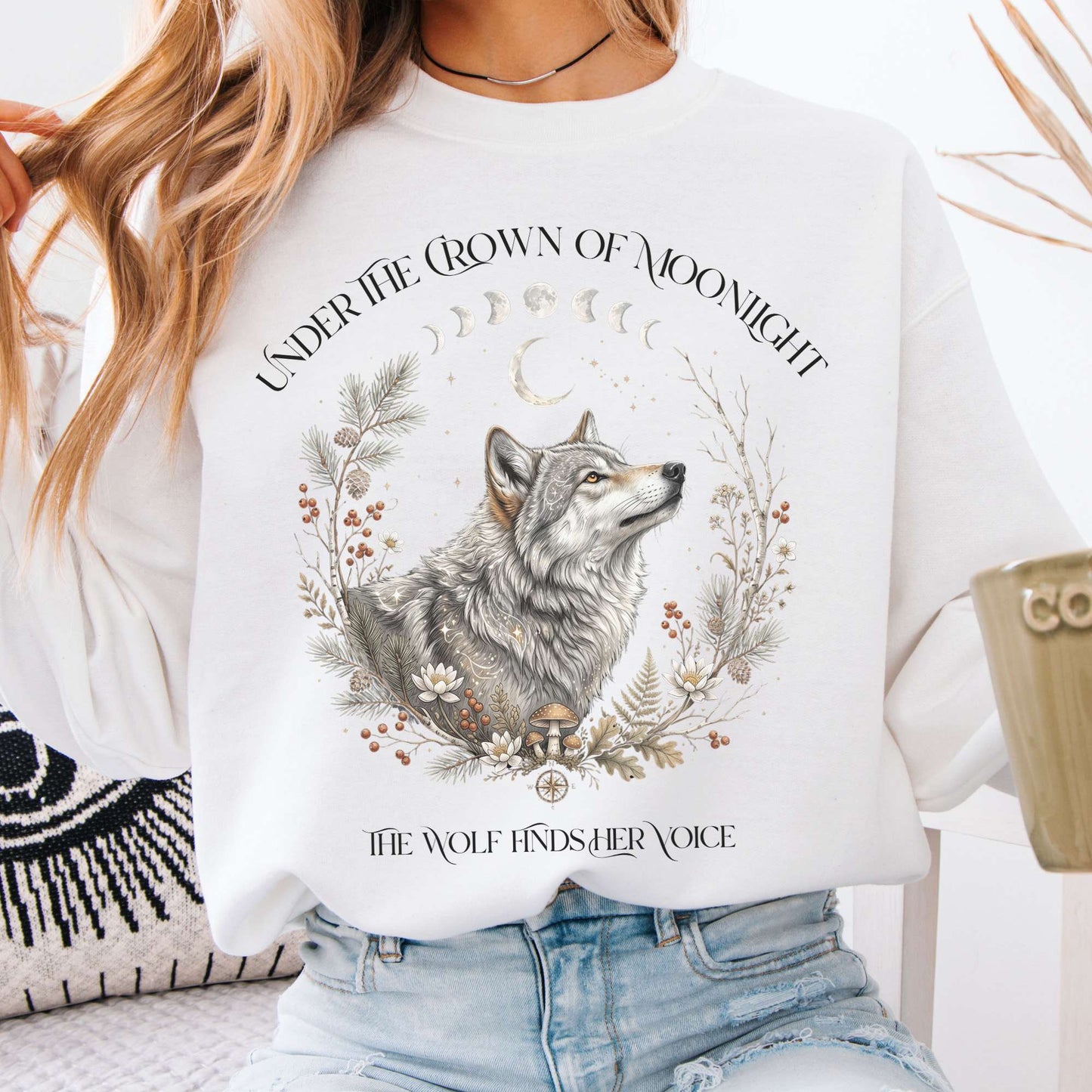 Sweatshirt White / S Under the Crown of Moonlight Wolf Crewneck Sweatshirt The Mystic Eden