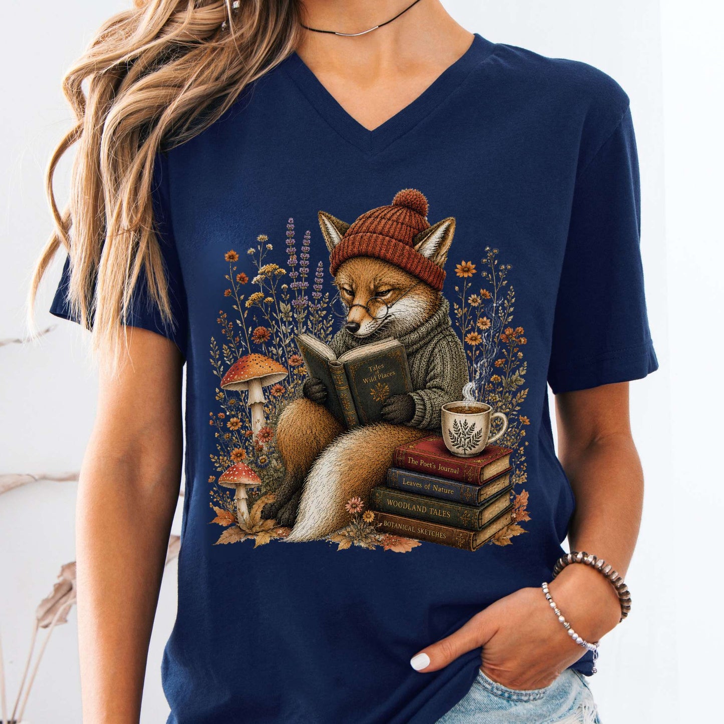 V-neck Navy / S The Woodland Reader Fox V-Neck The Mystic Eden