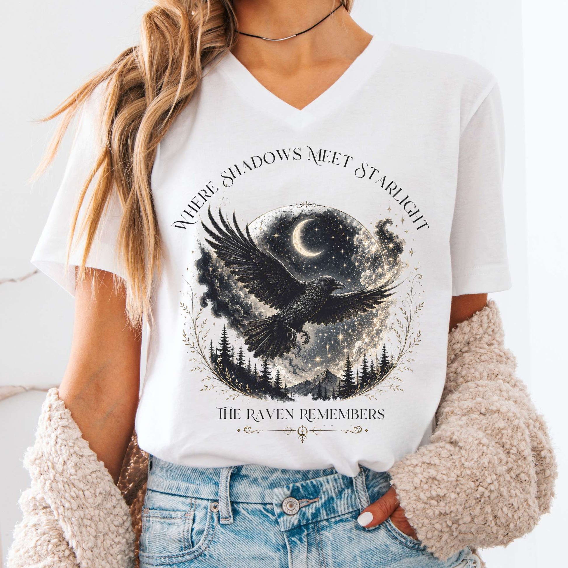 V-neck White / S Where Shadows Meet Starlight Raven V-Neck The Mystic Eden