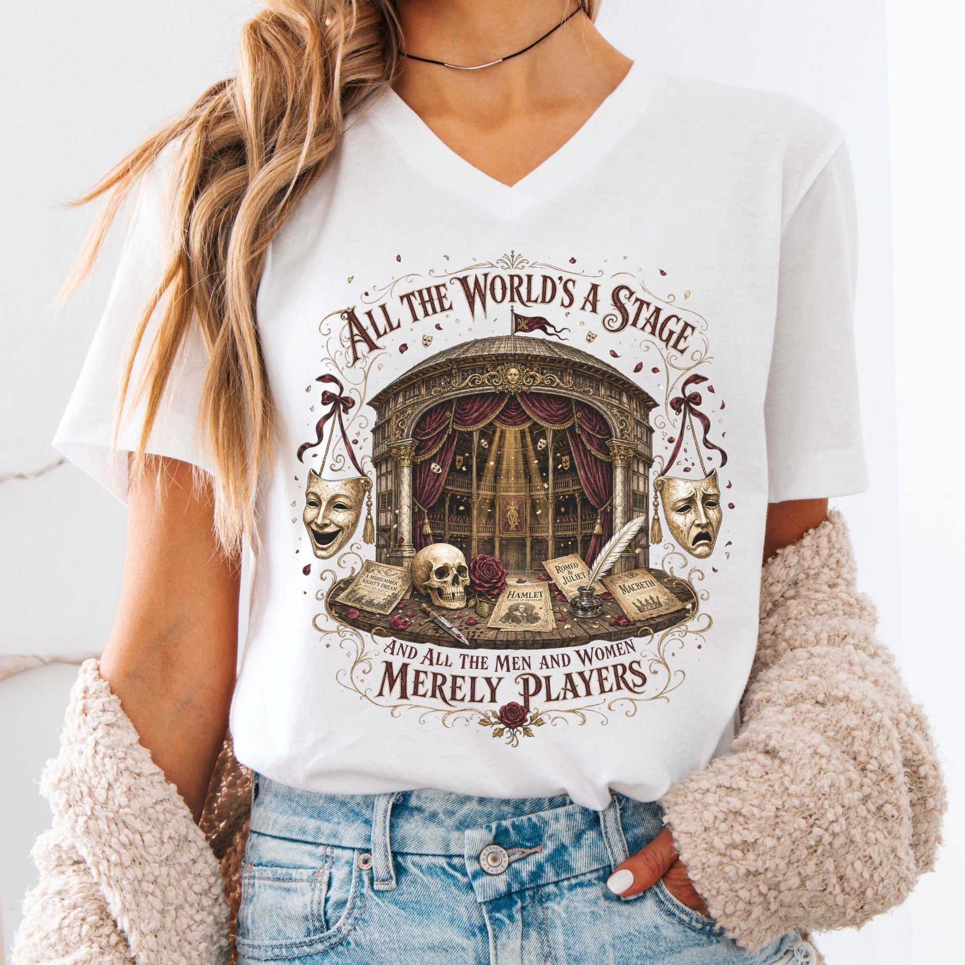 V-neck White / S All the World's a Stage Shakespeare V-Neck The Mystic Eden