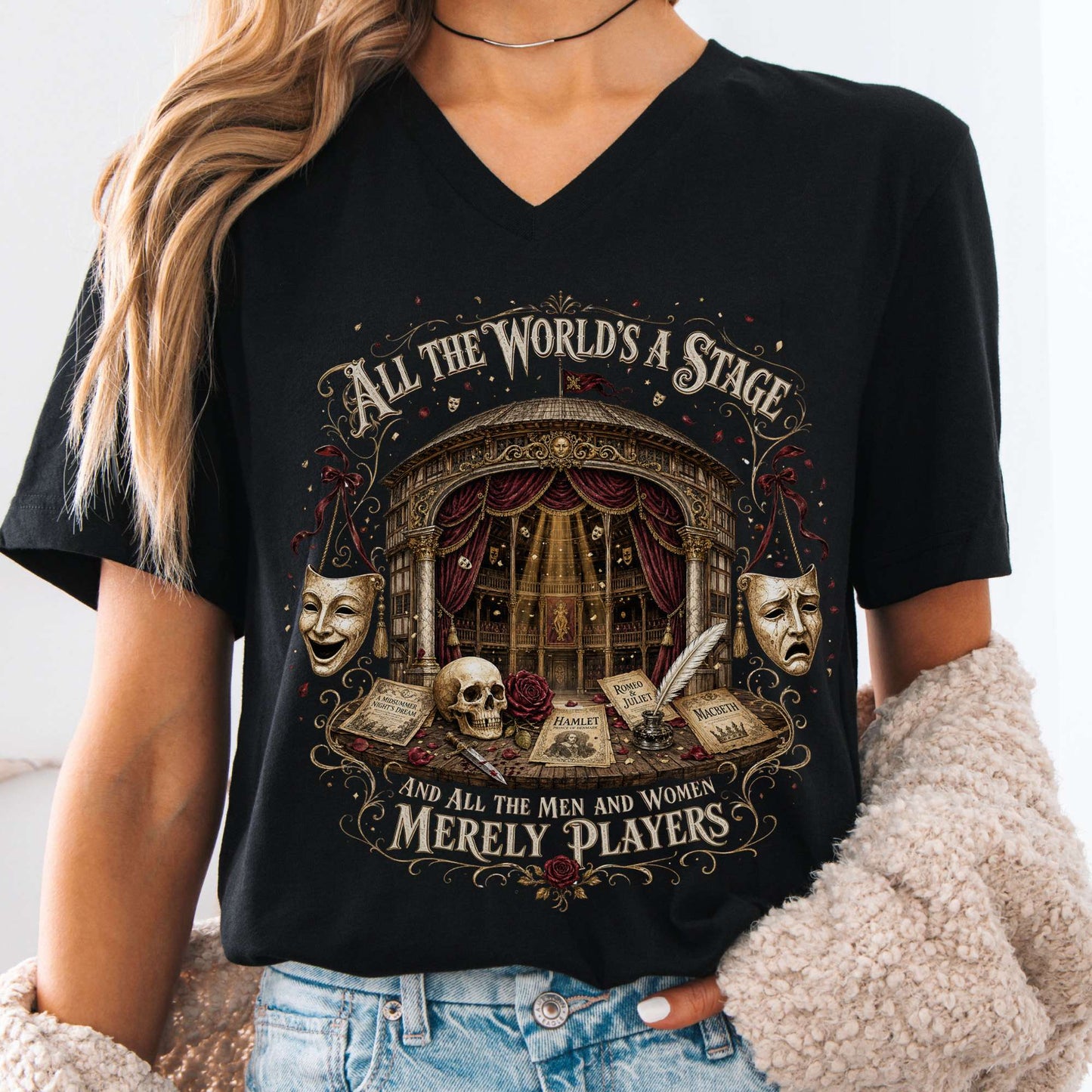 V-neck Black / S All the World's a Stage Shakespeare V-Neck The Mystic Eden