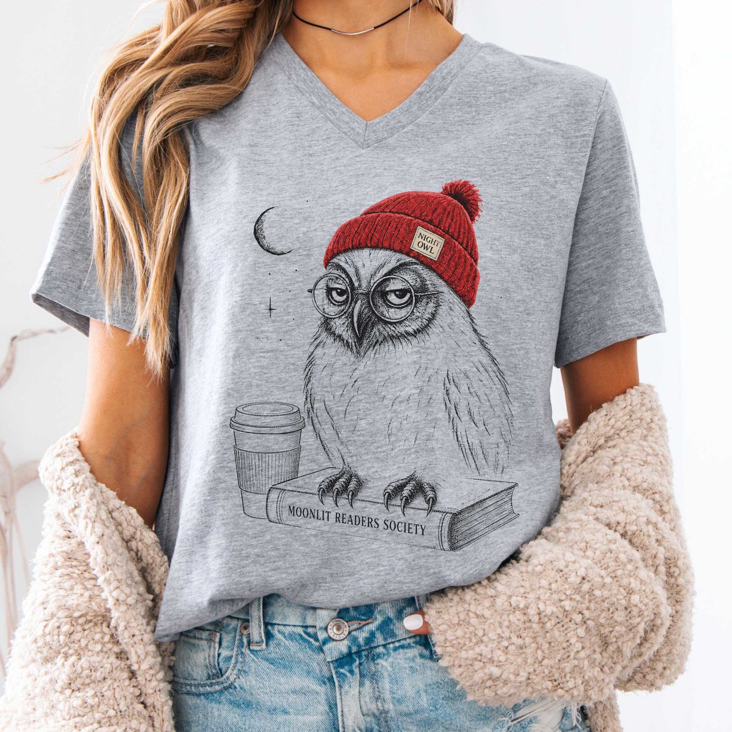 V-neck Athletic Heather / S Moonlit Readers Society Night Owl V-Neck The Mystic Eden