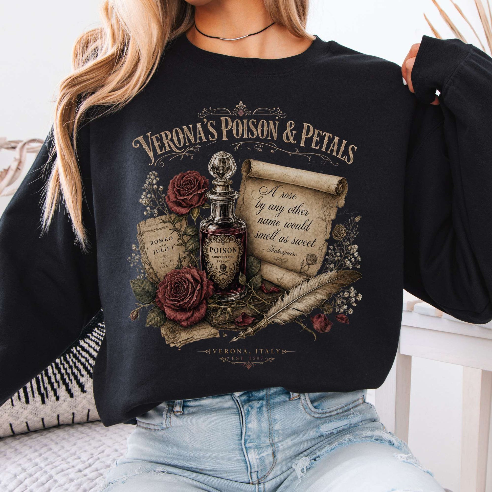 Sweatshirt Black / S Shakespeare's Verona's Poison & Petals Romeo & Juliet Crewneck Sweatshirt The Mystic Eden