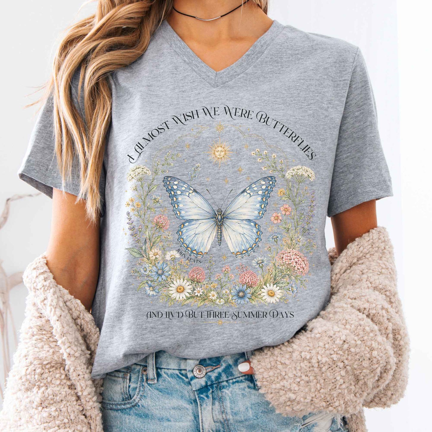V-neck Athletic Heather / S I Almost Wish We Were Butterflies John Keats V-Neck The Mystic Eden