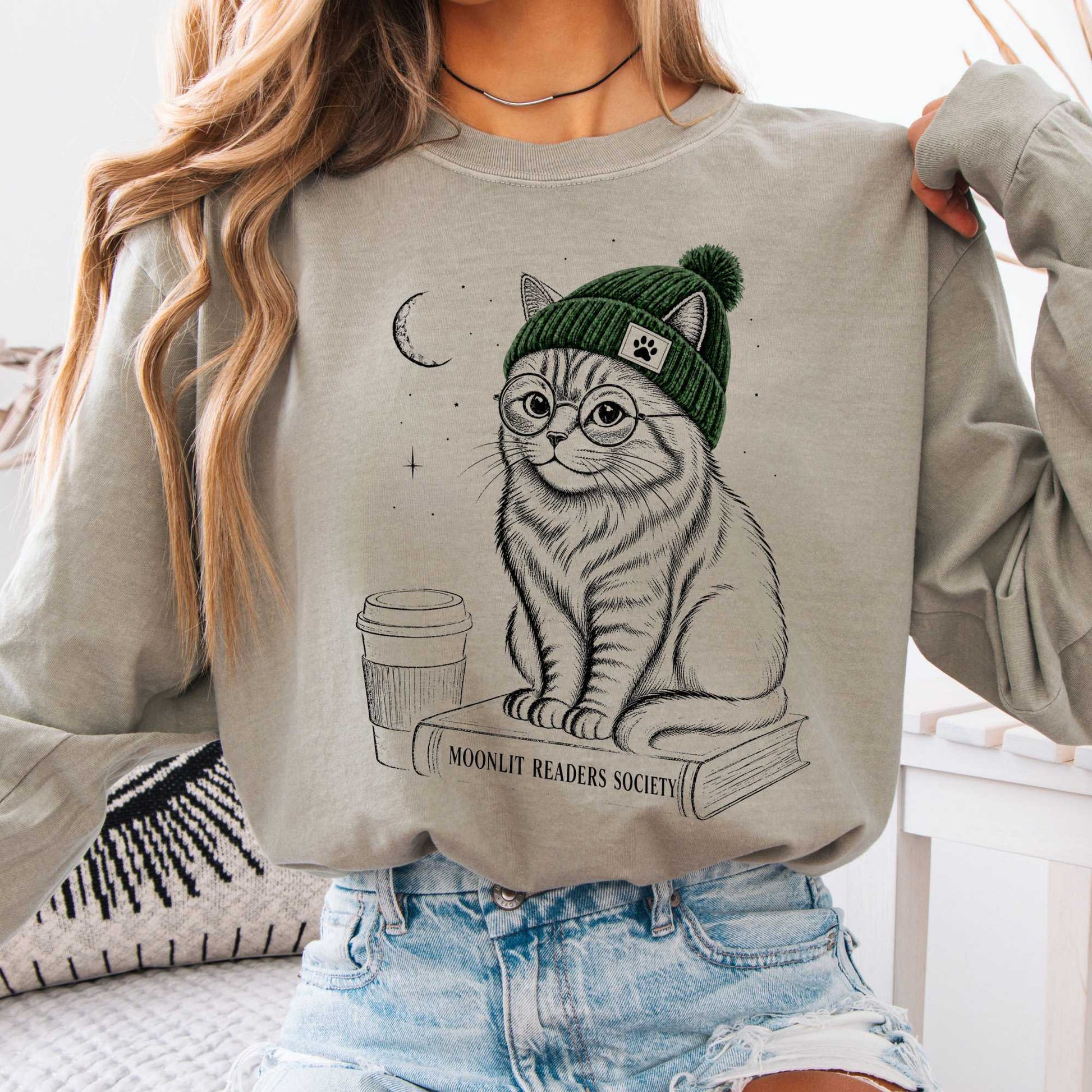 Long-sleeve Sandstone / S Moonlit Readers Society Cat Long Sleeve The Mystic Eden