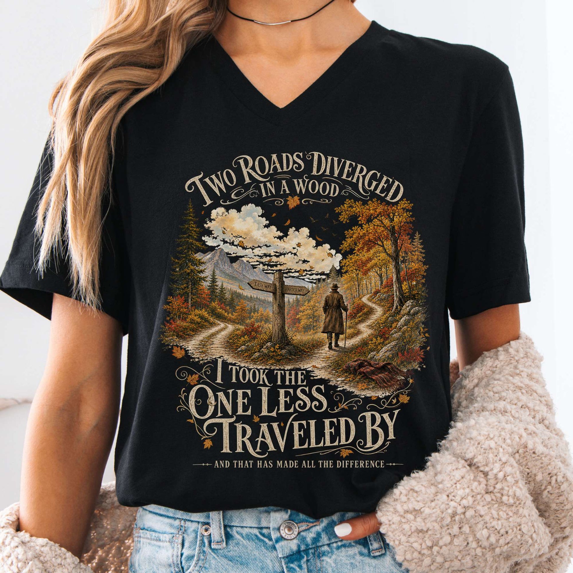 V-neck Black / S The Road Not Taken Robert Frost Literary V-Neck The Mystic Eden