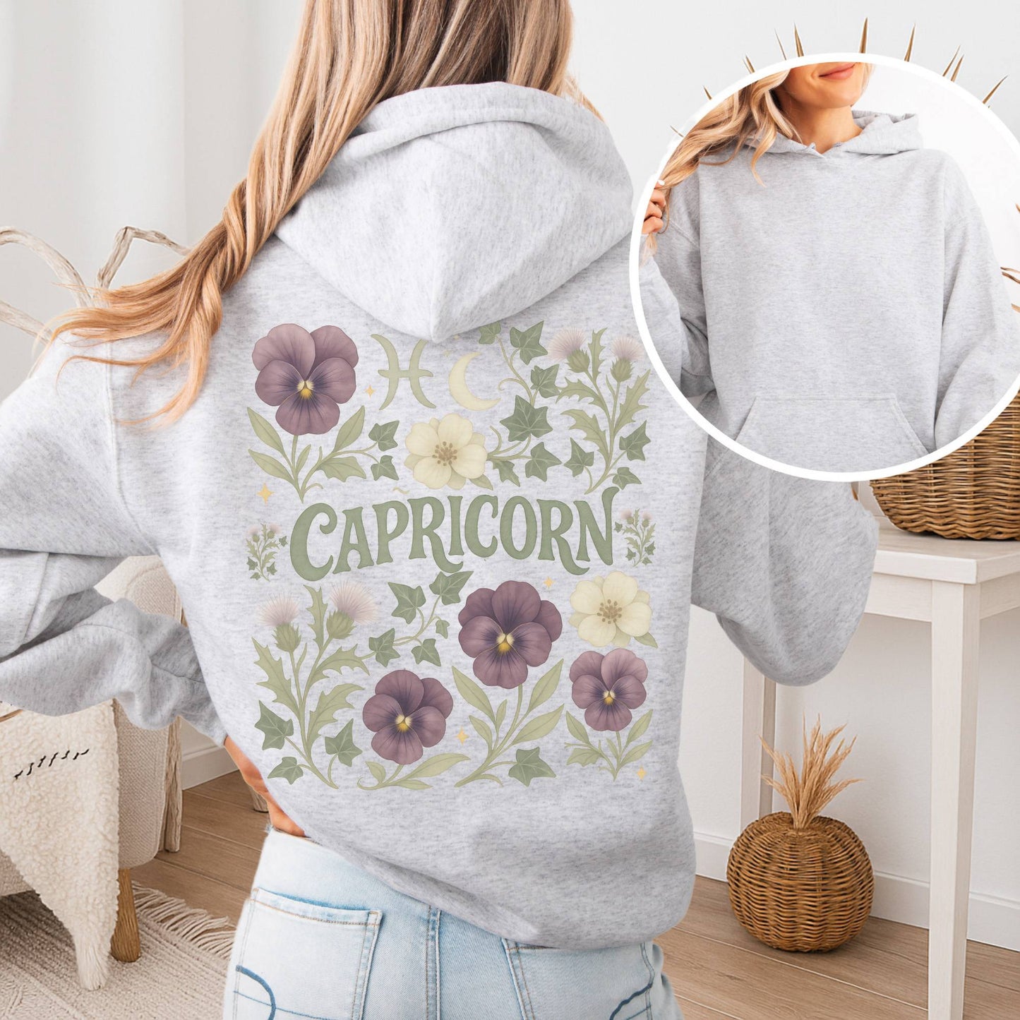 Hoodie Ash / S Capricorn Hoodie – Retro Floral Zodiac Sweatshirt The Mystic Eden