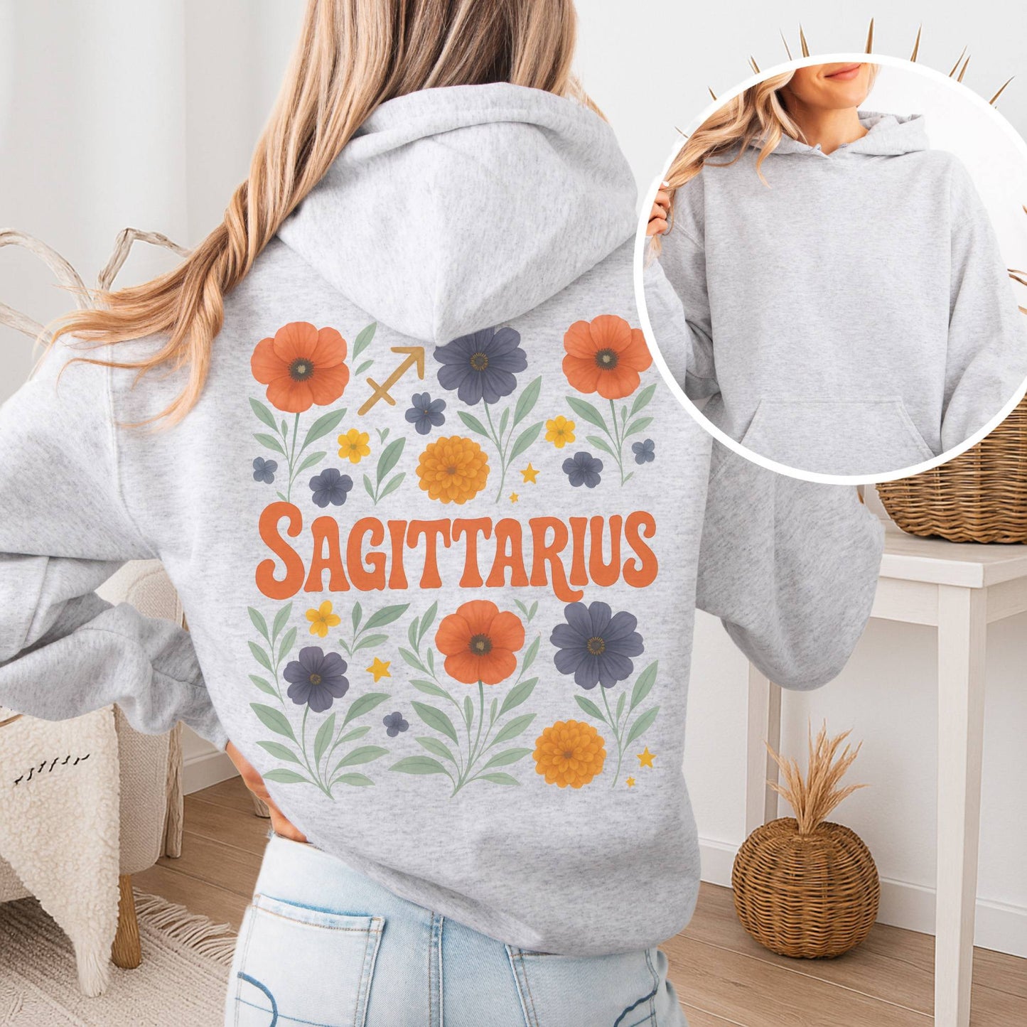 Hoodie Ash / S Sagittarius Hoodie – Retro Floral Zodiac Sweatshirt The Mystic Eden