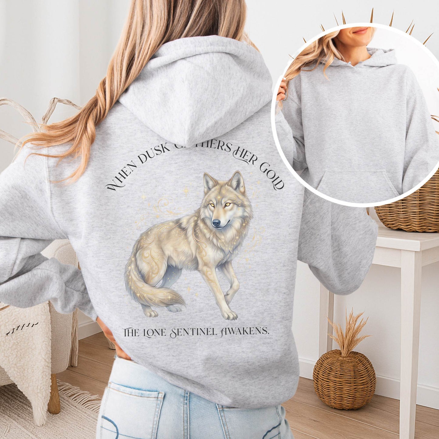 Hoodie Ash / S When Dusk Gathers Her Gold Mystical Wolf Hooded Sweatshirt The Mystic Eden