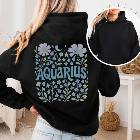 Hoodie Black / S Aquarius Hoodie – Retro Floral Zodiac Hoodie The Mystic Eden