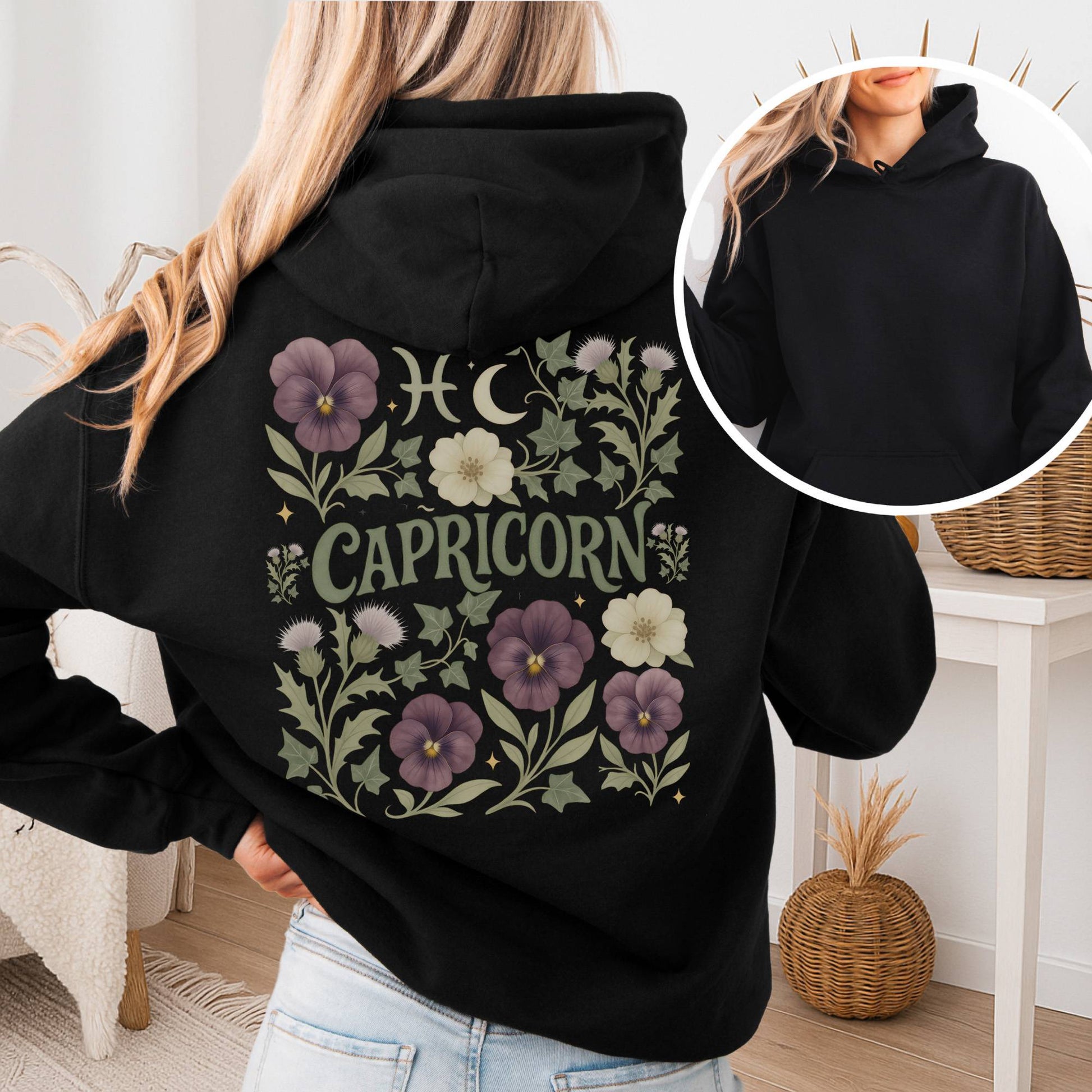 Hoodie Black / S Capricorn Hoodie – Retro Floral Zodiac Sweatshirt The Mystic Eden