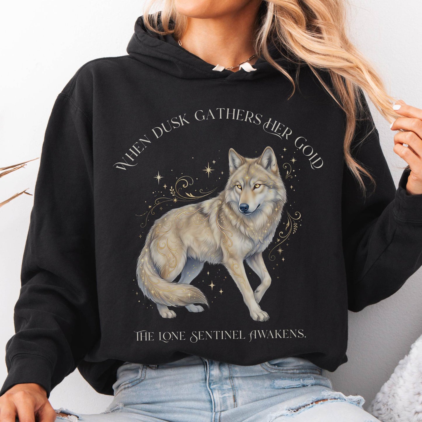 Hoodie Black / S When Dusk Gathers Her Gold Mystical Wolf Hoodie The Mystic Eden