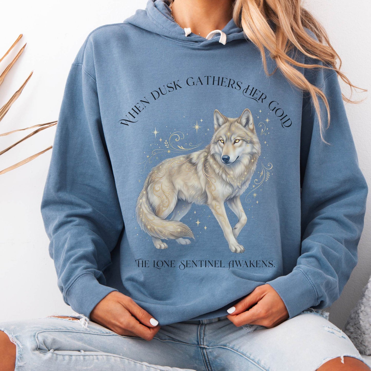 Hoodie Blue Jean / S When Dusk Gathers Her Gold Mystical Wolf Hoodie The Mystic Eden